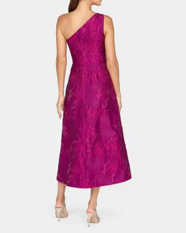 Kay Unger New York Dorrit One-Shoulder Tea-Length Jacquard Dress | Thumbnail 2 Kay Unger New York Dorrit One-Shoulder Tea-Length Jacquard Dress | Thumbnail 2