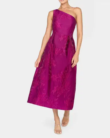 Kay Unger New York Dorrit One-Shoulder Tea-Length Jacquard Dress | Thumbnail 3 Kay Unger New York Dorrit One-Shoulder Tea-Length Jacquard Dress | Thumbnail 3