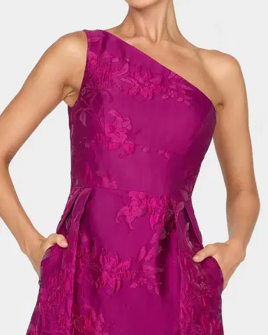 Kay Unger New York Dorrit One-Shoulder Tea-Length Jacquard Dress | Thumbnail 4 Kay Unger New York Dorrit One-Shoulder Tea-Length Jacquard Dress | Thumbnail 4
