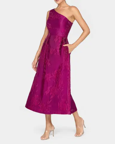 Kay Unger New York Dorrit One-Shoulder Tea-Length Jacquard Dress | Thumbnail 5 Kay Unger New York Dorrit One-Shoulder Tea-Length Jacquard Dress | Thumbnail 5