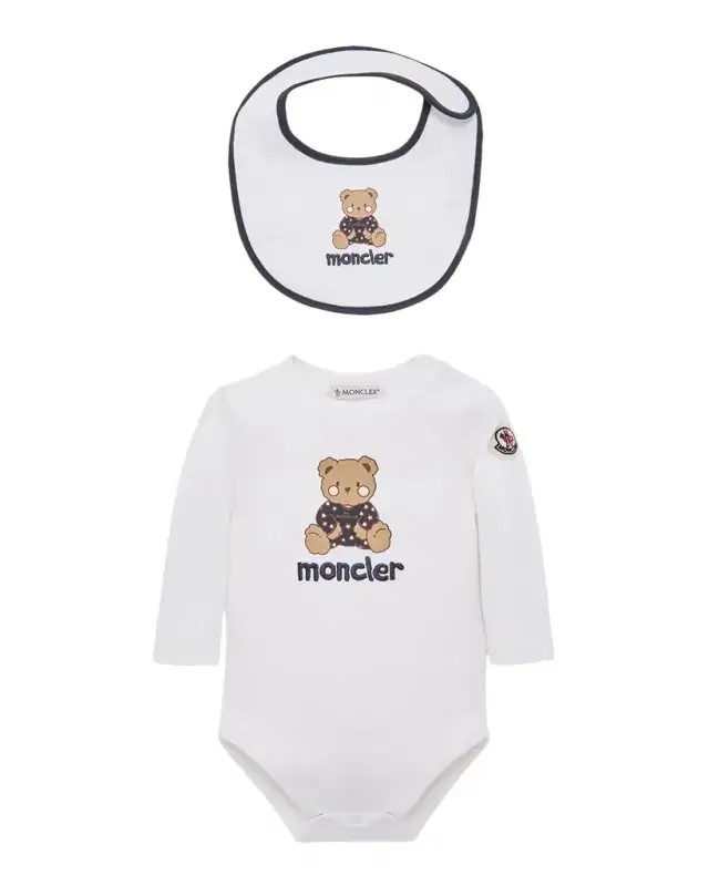 Moncler Kid 's Teddy Bear Logo Cotton Romper & Bib Gift Set, Size 1M-12M