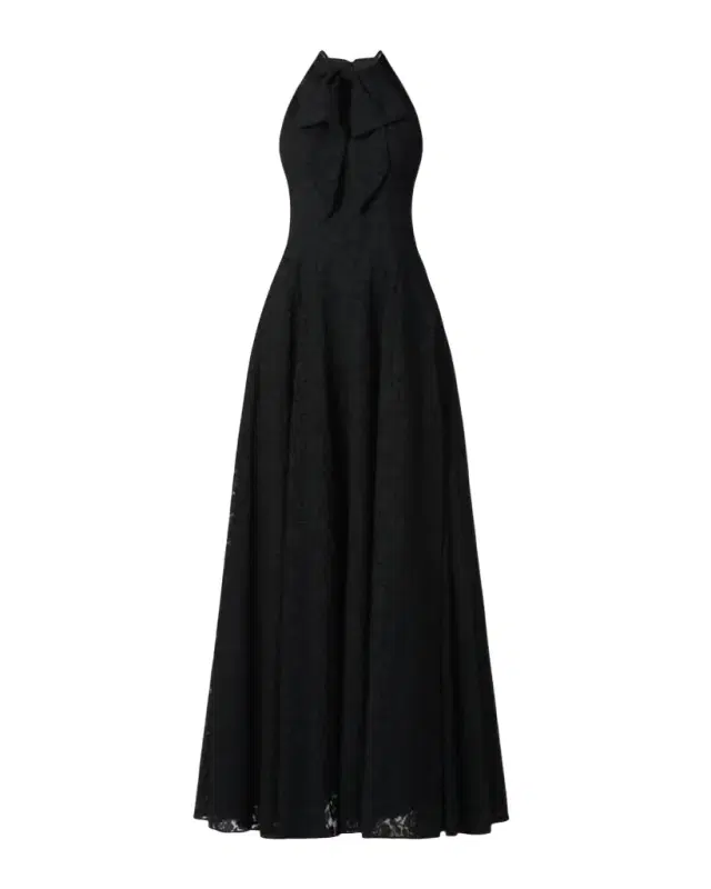 Jill Bow-Front Floral Organza Halter Gown