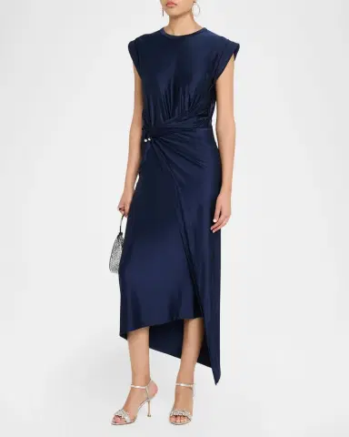 Rabanne Cap-Sleeve Pierced Draped Jersey Midi Dress | Thumbnail 3