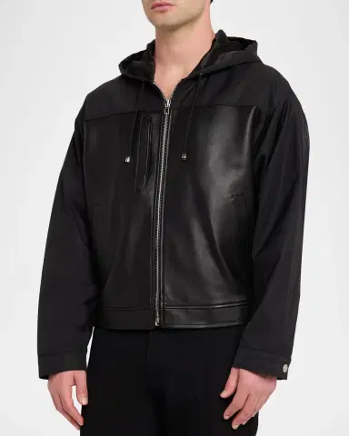 EZR Men 's Nylon and eather Full-Zip Hoodie | Thumbnail 4