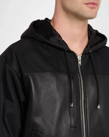EZR Men 's Nylon and eather Full-Zip Hoodie | Thumbnail 5