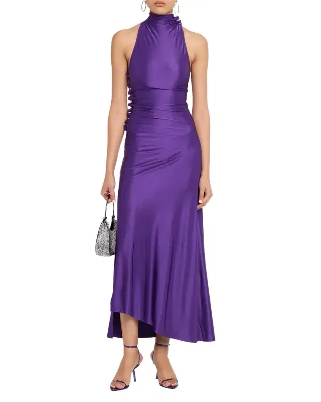 Turtleneck Snap Draped Jersey Midi Dress