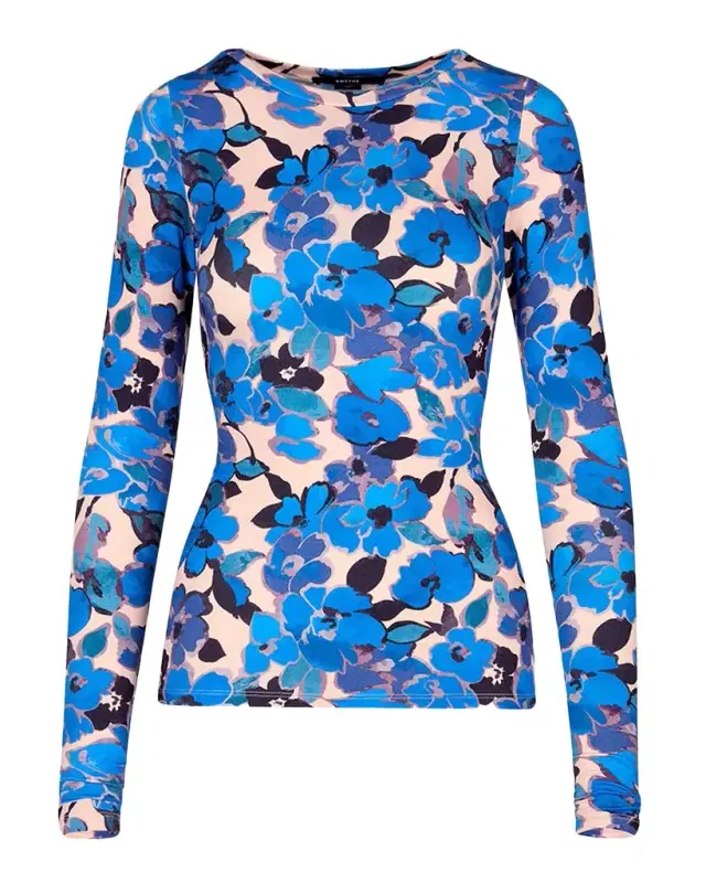 Floral Scrunch-Sleeve Crewneck Top