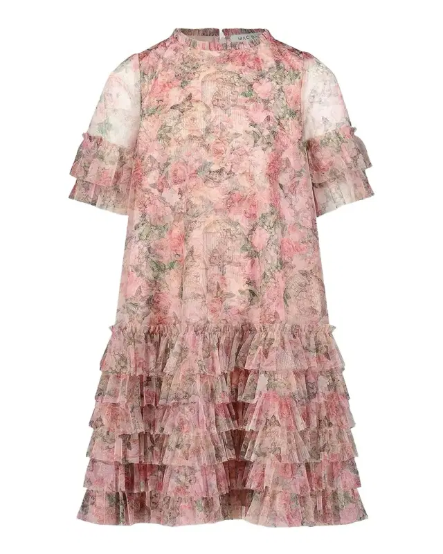 Girl 's Floral-Print Ruffled Mesh Dress, Size 2-
