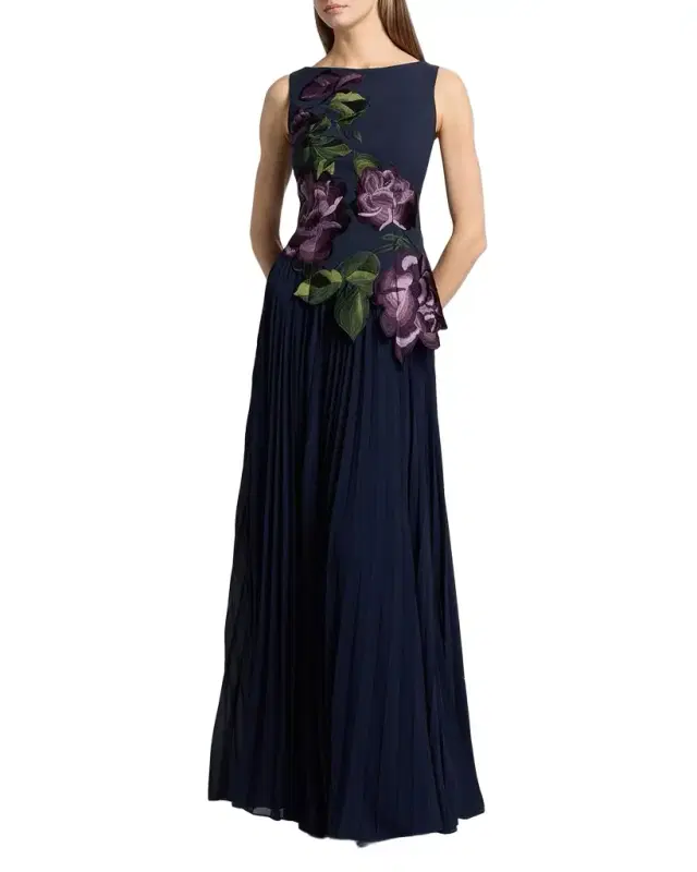 Jayla Floral-Embroidered Crepe & Chiffon Gown