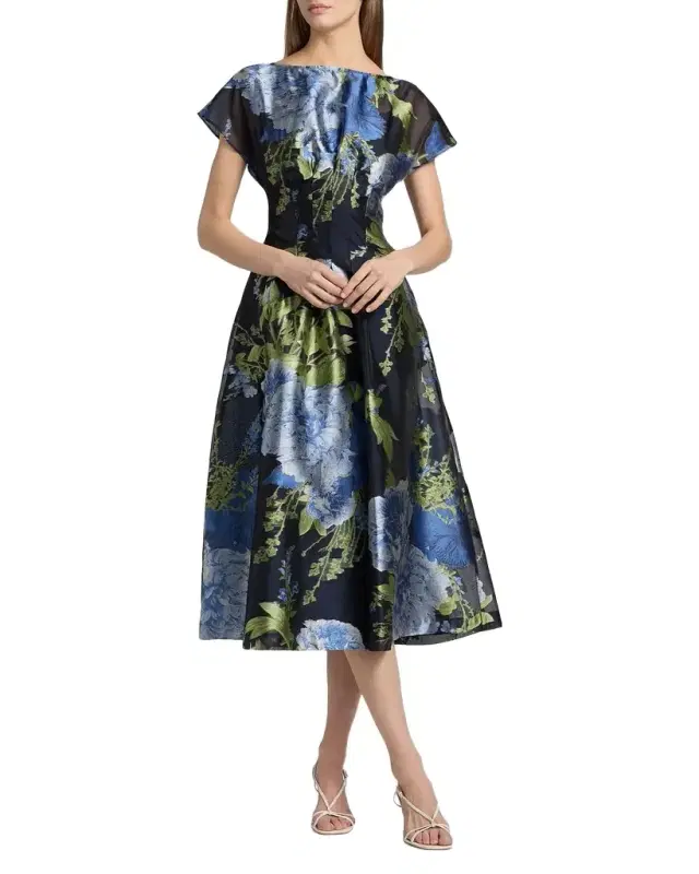 Florene Floral-Print Organza Jacquard Midi Dress