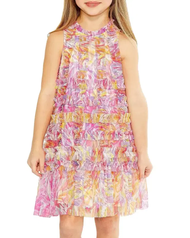 Girl 's Sleeveless Floral Ruffle Dress, Size 2-14