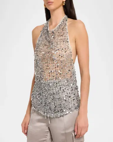 Lapointe Sequined Net Mesh Halter Top | Thumbnail 4