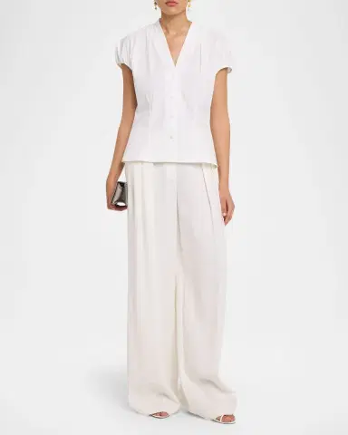 Lela Rose V-Neck Cotton Poplin Button-Down Shirt | Thumbnail 2 Lela Rose V-Neck Cotton Poplin Button-Down Shirt | Thumbnail 2