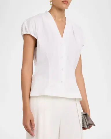 Lela Rose V-Neck Cotton Poplin Button-Down Shirt | Thumbnail 4 Lela Rose V-Neck Cotton Poplin Button-Down Shirt | Thumbnail 4