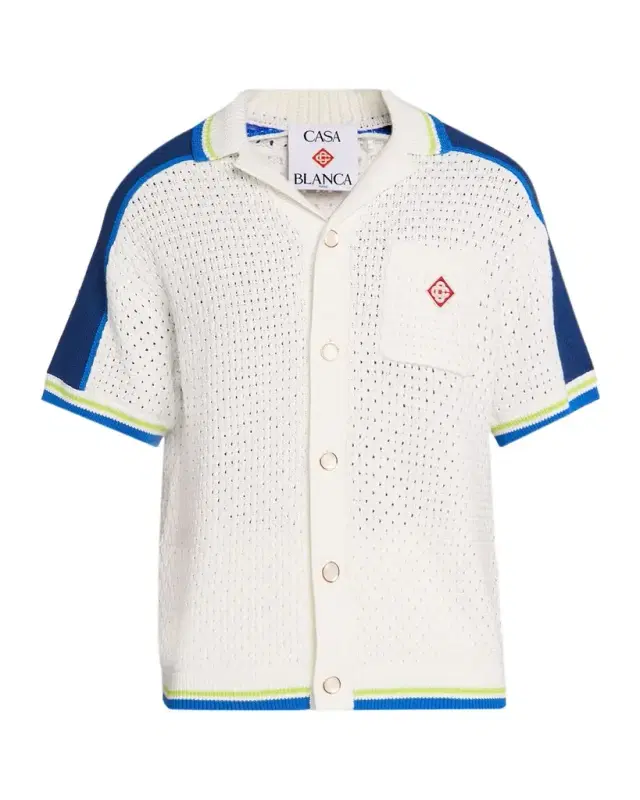 Men 's Crochet Stripe-Trim Short-Sleeve Shirt