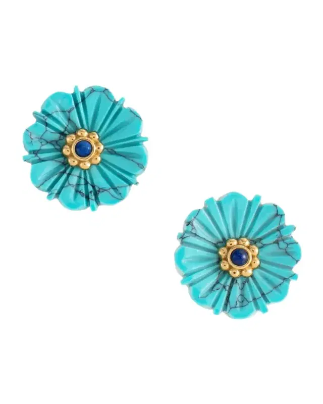 Milos Carved Stone Flower Stud Earrings, Turquoise