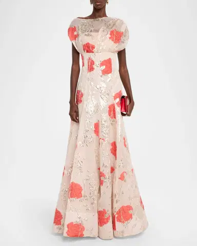 Lela Rose Metallic Floral Fil Coupe Cap-Sleeve Gown | Thumbnail 2 Lela Rose Metallic Floral Fil Coupe Cap-Sleeve Gown | Thumbnail 2