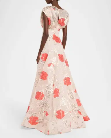 Lela Rose Metallic Floral Fil Coupe Cap-Sleeve Gown | Thumbnail 3 Lela Rose Metallic Floral Fil Coupe Cap-Sleeve Gown | Thumbnail 3