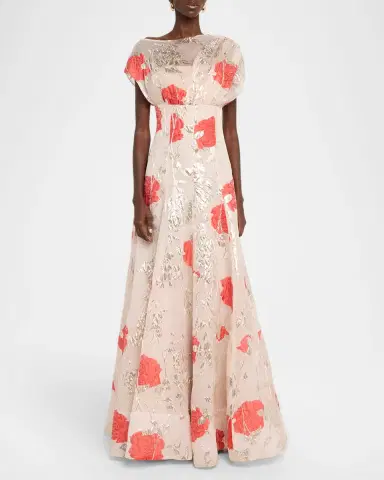 Lela Rose Metallic Floral Fil Coupe Cap-Sleeve Gown | Thumbnail 4 Lela Rose Metallic Floral Fil Coupe Cap-Sleeve Gown | Thumbnail 4