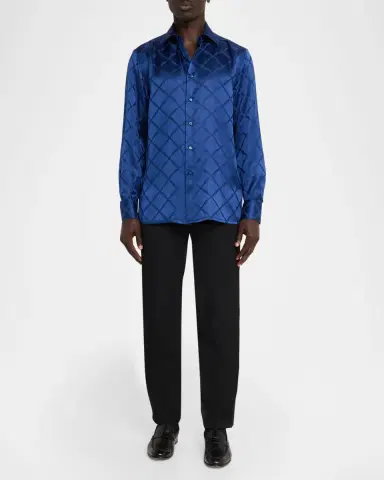 Stefano Ricci Men's Grid-Check Jacquard Silk Dress Shirt | Thumbnail 2 Stefano Ricci Men's Grid-Check Jacquard Silk Dress Shirt | Thumbnail 2