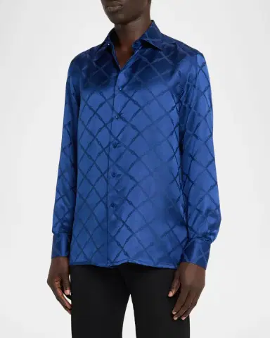 Stefano Ricci Men's Grid-Check Jacquard Silk Dress Shirt | Thumbnail 4 Stefano Ricci Men's Grid-Check Jacquard Silk Dress Shirt | Thumbnail 4