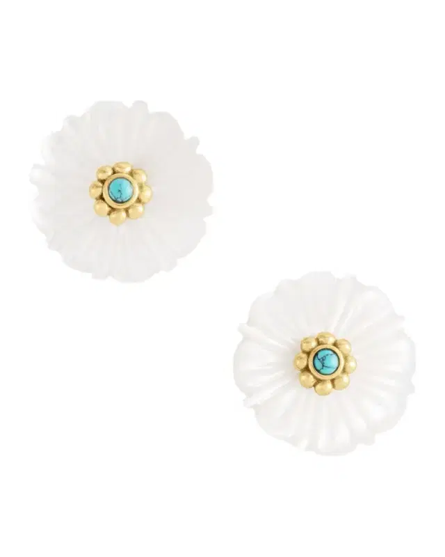Milos Carved Stone Flower Stud Earrings, Pearl