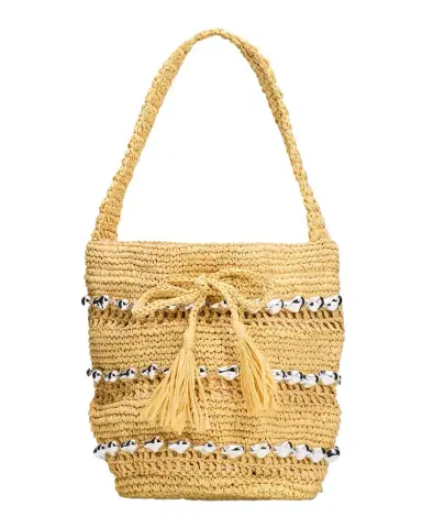 BTB Los Angeles Atlas Metallic-Embellished Raffia Bucket Bag | Thumbnail 1