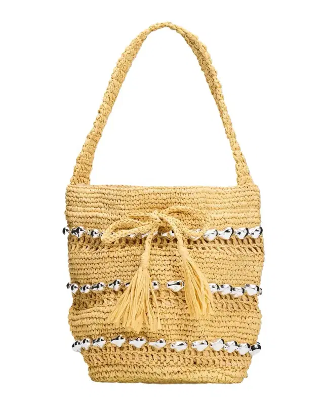 BTB Los Angeles Atlas Metallic-Embellished Raffia Bucket Bag