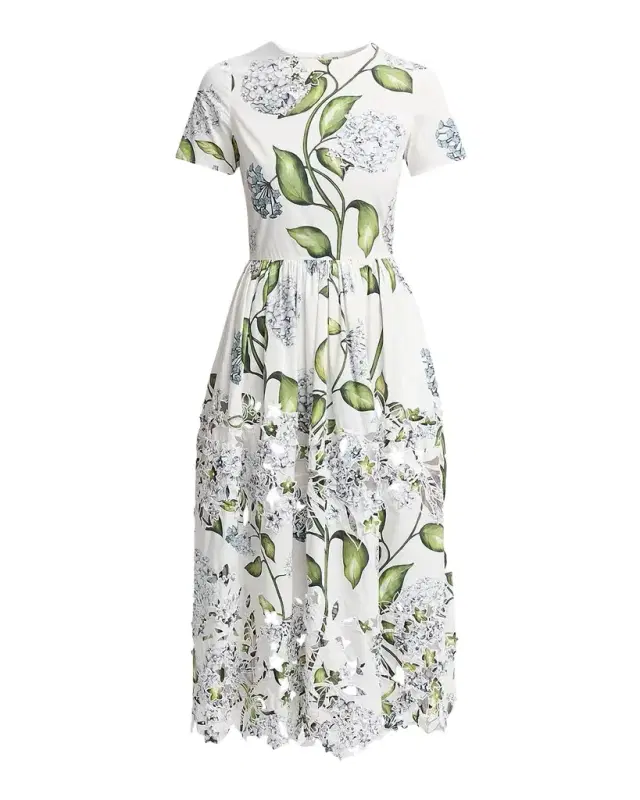 Short-Sleeve Porcelain Flower Embroidered Midi Dress
