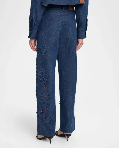 Oscar de la Renta Porcelain Flowers Embroidered Denim Straight-Leg Jeans | Thumbnail 2 Oscar de la Renta Porcelain Flowers Embroidered Denim Straight-Leg Jeans | Thumbnail 2