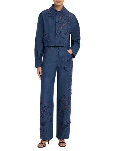 Oscar de la Renta Porcelain Flowers Embroidered Denim Straight-Leg Jeans | Thumbnail 1 Oscar de la Renta Porcelain Flowers Embroidered Denim Straight-Leg Jeans | Thumbnail 1