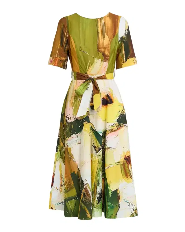Rickie Freeman for Teri Jon Brushstroke-Print Cotton Midi Dress