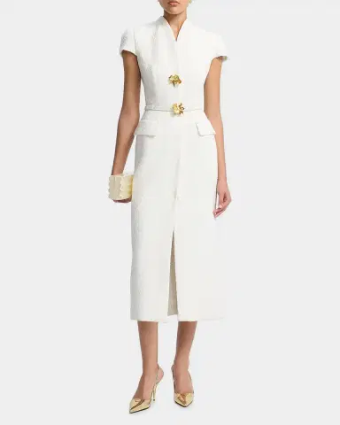 Oscar de la Renta Cap-Sleeve Slub Tweed Buttoned Midi Day Dress | Thumbnail 2