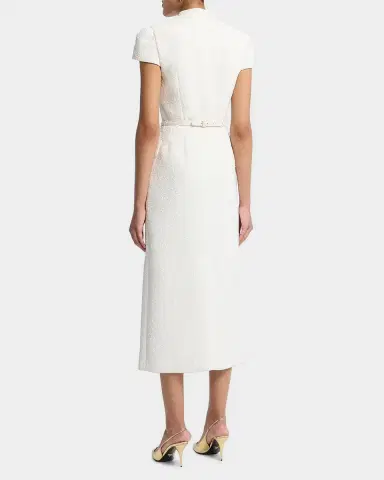 Oscar de la Renta Cap-Sleeve Slub Tweed Buttoned Midi Day Dress | Thumbnail 3