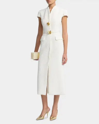 Oscar de la Renta Cap-Sleeve Slub Tweed Buttoned Midi Day Dress | Thumbnail 4