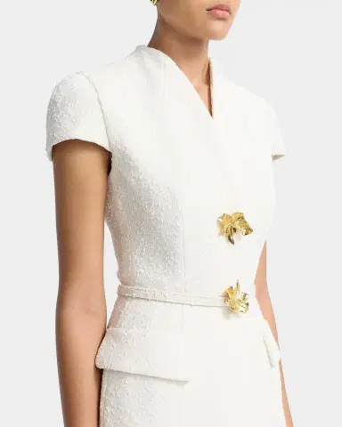 Oscar de la Renta Cap-Sleeve Slub Tweed Buttoned Midi Day Dress | Thumbnail 5