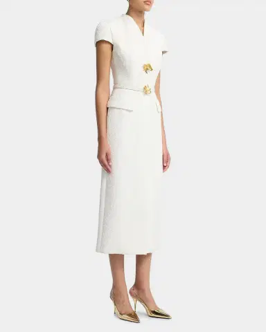 Oscar de la Renta Cap-Sleeve Slub Tweed Buttoned Midi Day Dress | Thumbnail 6