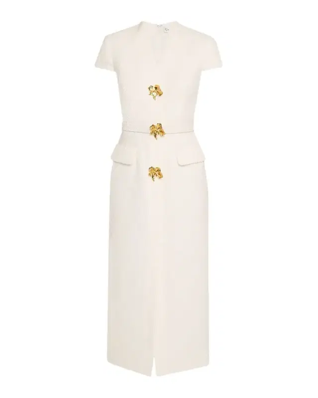 Cap-Sleeve Slub Tweed Buttoned Midi Day Dress