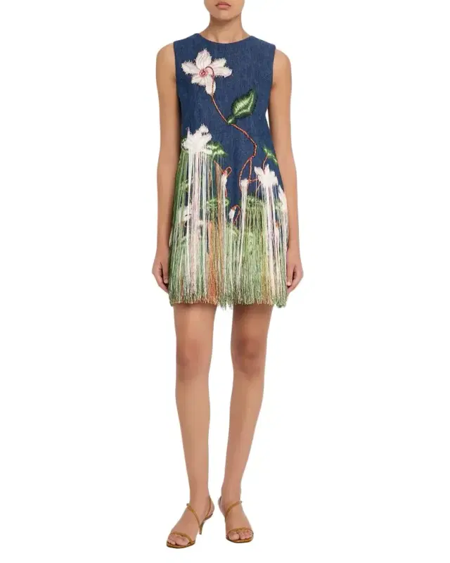 Sleeveless Cyclamen Fringe Denim Mini Dress