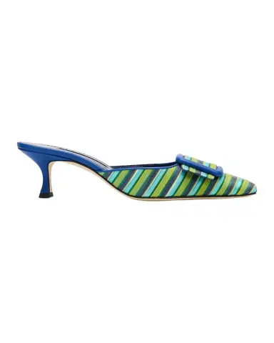 Manolo Blahnik Mayslibi 50mm Striped Mules with Buckle | Thumbnail 1
