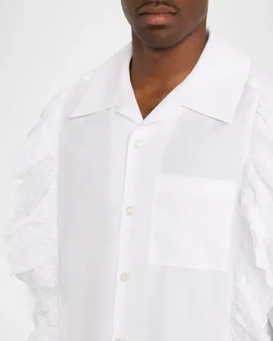 Simone Rocha Men's Ruffled Pillowcase-Trim Poplin Short-Sleeve Shirt | Thumbnail 4 Simone Rocha Men's Ruffled Pillowcase-Trim Poplin Short-Sleeve Shirt | Thumbnail 4
