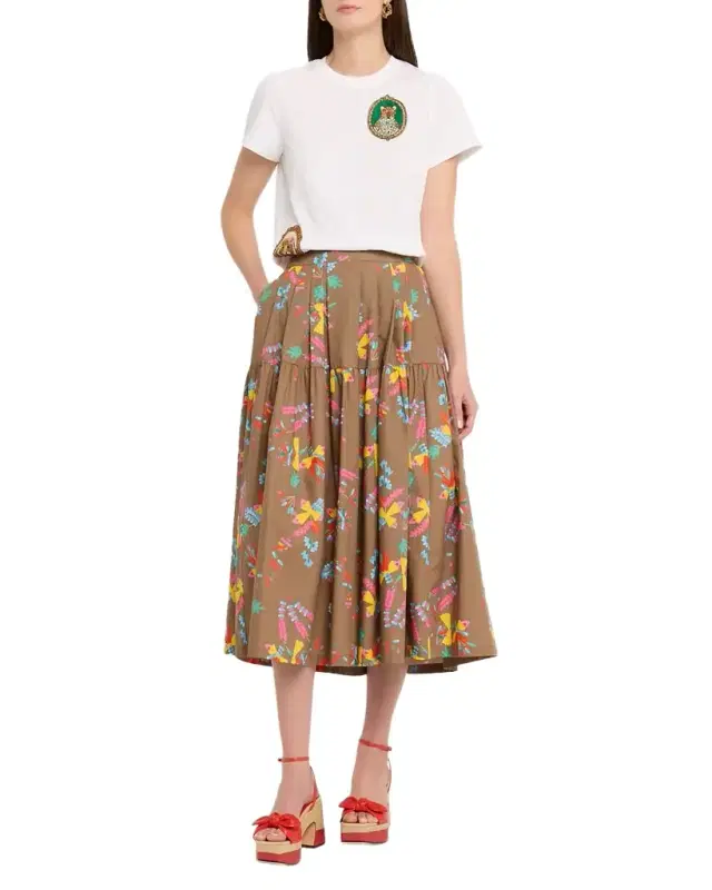 Geometric Floral Cotton Pleated Midi Skirt