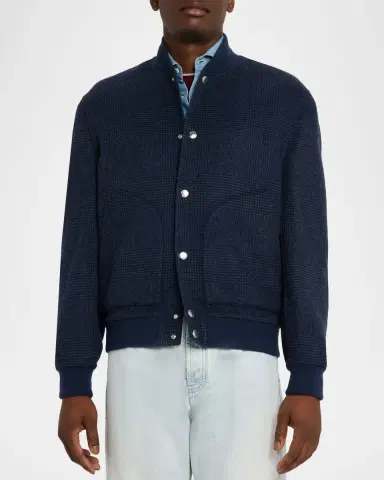 Brunello Cucinelli Men's Cashmere Prince Of Wales Snap-Front Blouson | Thumbnail 4