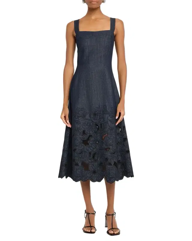 Rosaura Floral-Embroidered Denim Midi Dress
