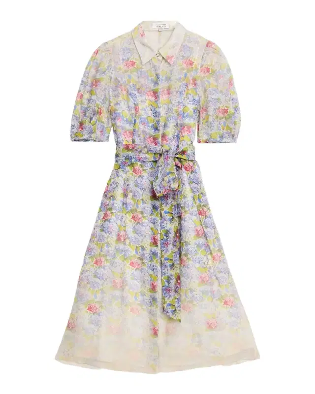 Rickie Freeman for Teri Jon Silk Linen Print Puff-Sleeve Shirtwaist Dress