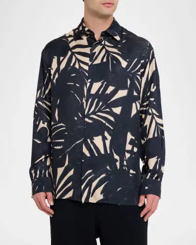 Emporio Armani Men's Viscose Palm-Pattern Button-Down Shirt | Thumbnail 4 Emporio Armani Men's Viscose Palm-Pattern Button-Down Shirt | Thumbnail 4