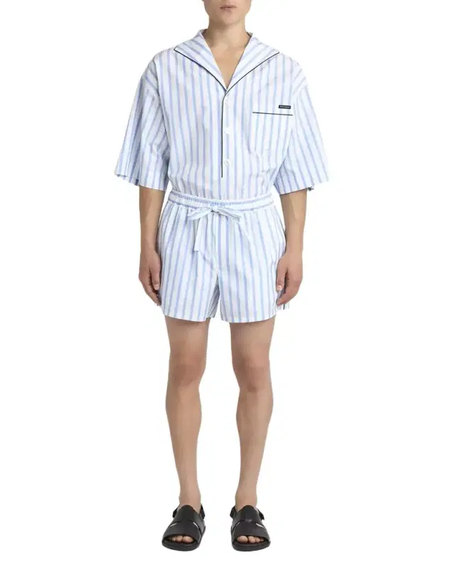 Men 's Cotton and Silk Stripe Oversized Short-Sleeve Shirt
