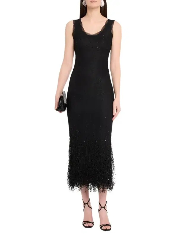 Irisa Beaded Fringe Lace Midi Dress
