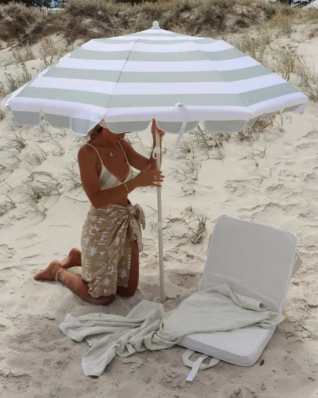SUNNYLiFE Compact Beach Umbrella, Sea Sage Stripe
