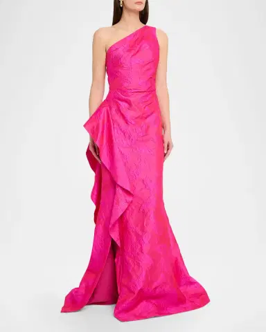 Rickie Freeman for Teri Jon Draped One-Shoulder Jacquard Mermaid Gown | Thumbnail 4 Rickie Freeman for Teri Jon Draped One-Shoulder Jacquard Mermaid Gown | Thumbnail 4